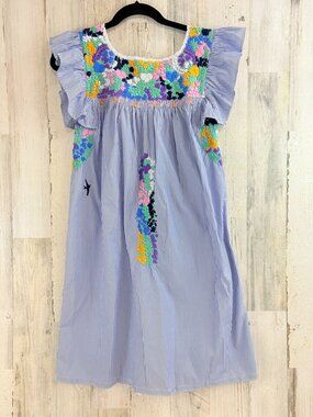 Mi Golondrina Sz XS Dress Blue White Stripe Hand Embroidered Mexico